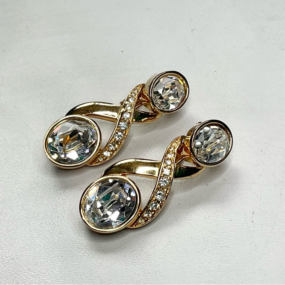 Vtg Swarovski SAL Door Knocker Clip Earrings Clear Large Crystals Couture